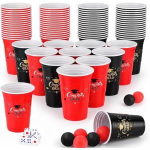 60PCS Pong Game Set, 16 Oz Disposable Plastic Party Cups for Cup Pong Games, College Parties & Graduation Celebrations - Red & Black