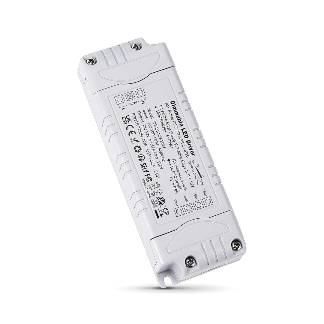 REYLAX 12V 20W Dimmable LED Driver 1.67A, 100-130V to 12V Constant Voltage Transformer for 12 Volt LED Strip Lights, Compatible with Lutron Leviton Dimmer-Triac & 0-10V &1-10V&PWM