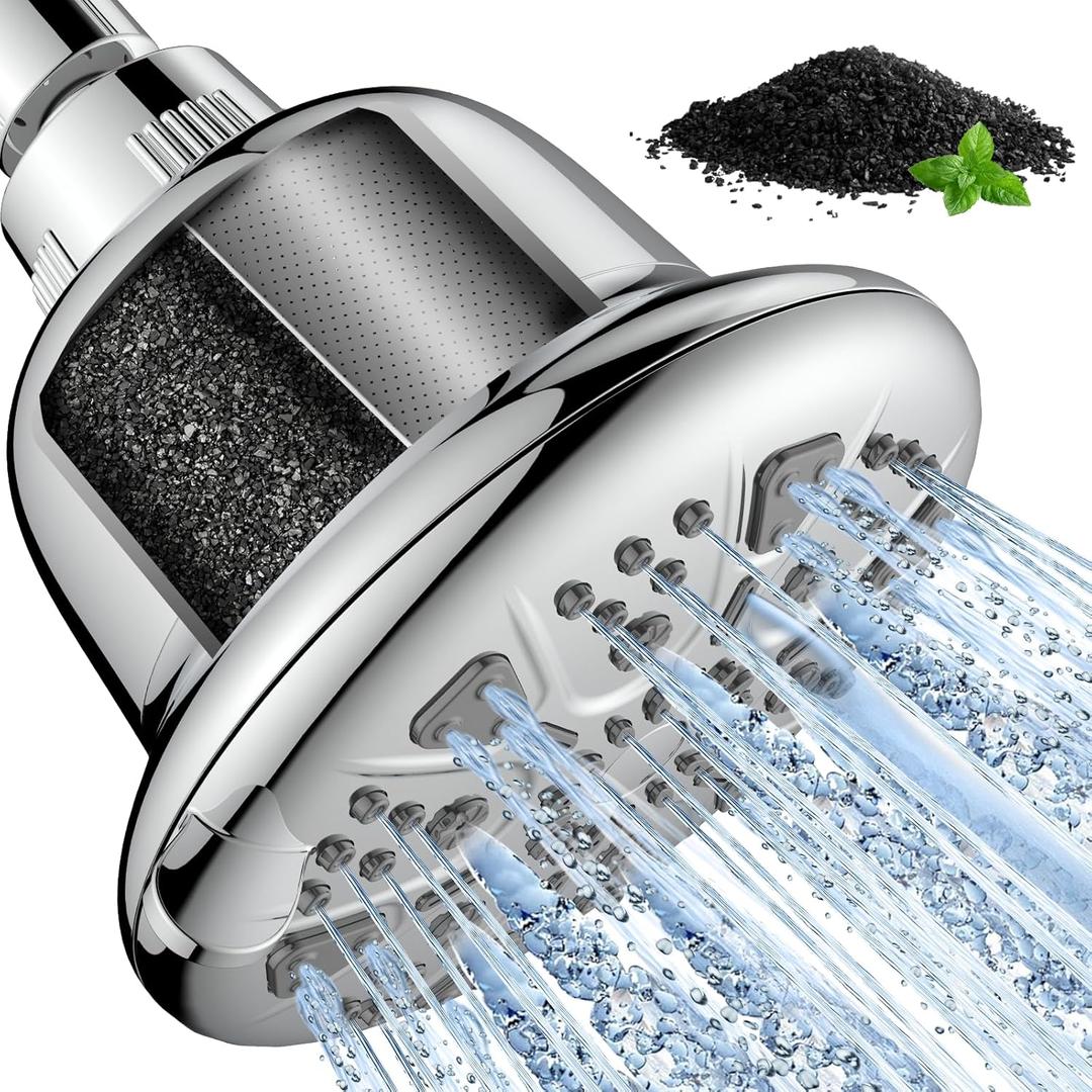 MakeFit Filtered Shower Head with Upgraded Activated Carbon Filter - High Pressure Shower Head with Hard Water Softener - 7 Settings Bathroom Rain Showerhead to Remove Chlorine and Heavy Metals