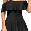 SHEKINI Women's Off-Shoulder Ruffled Flounce Swim Skirt Ruched One Piece Swimdress (X-Large, Black)