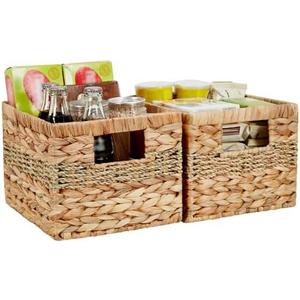 Bagnizer Hand-woven Water Hyacinth Baskets, Pantry Organizers and Storage with Handles, Decorative Wicker Baskets for Organizing Shelves, Laundry (10x8.5x7in 2-Pack, Natural Hyacinth)