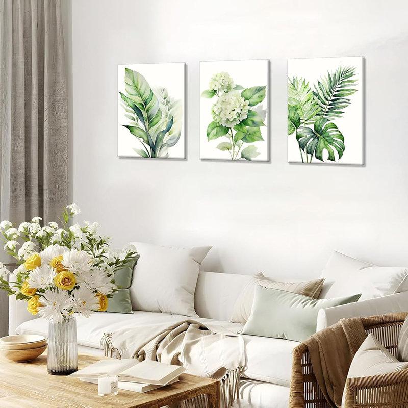3Pcs Framed Green Floral Plant Wall Art Tropical Leaves Canvas Prints Poster Bohemian Floral Plant Paintings Pictures Modern Minimalist Home Decoration Bathroom Bedroom Living Room Wall Decor