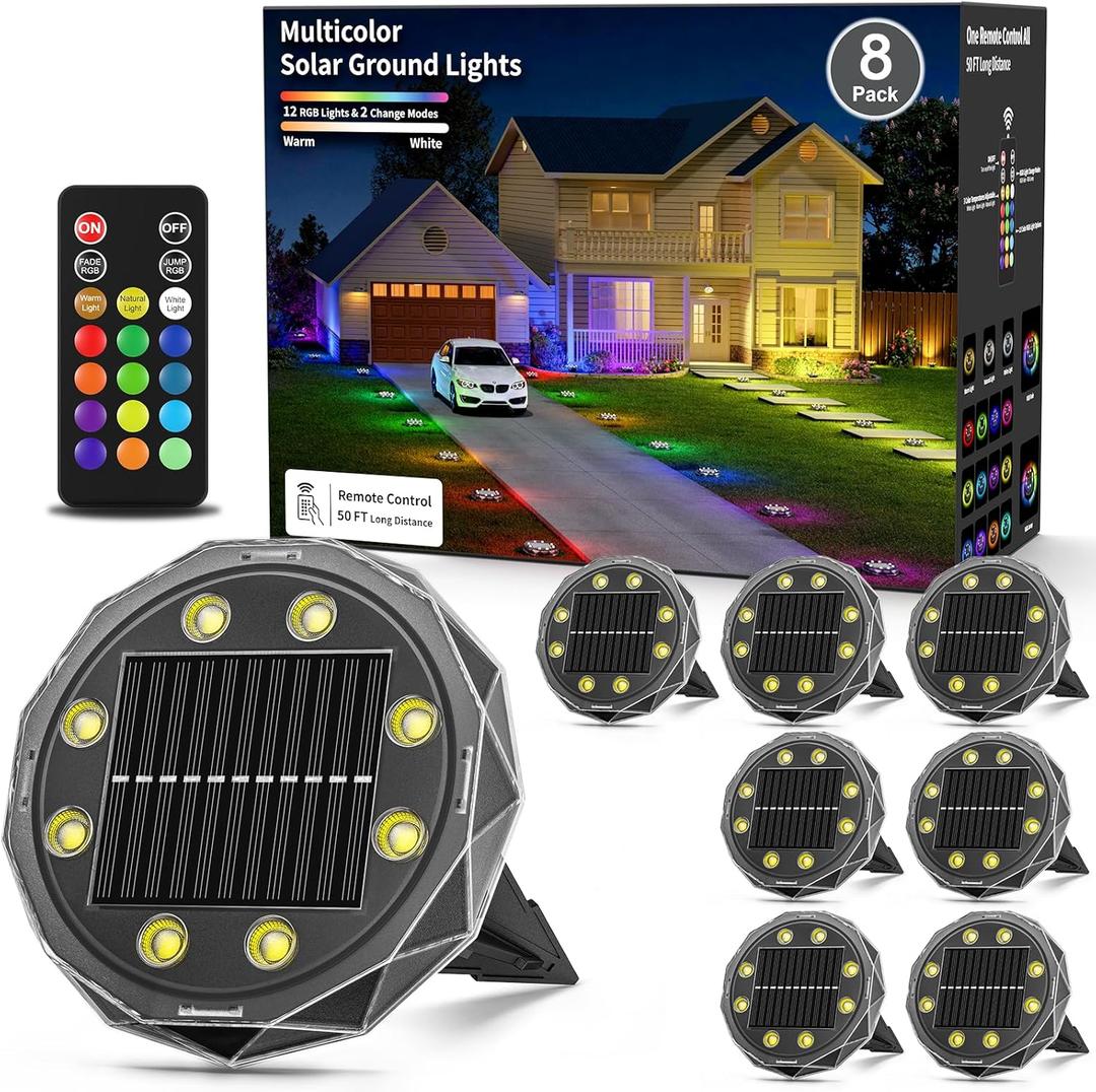 Solar Ground Lights with Remote Control 50ft,IP67 Waterproof Solar Garden 15 Multi Color Lights,RGBYW Solar Powered Outdoor Landscape Lighting for Pathway,Yard,Deck,Lawn,Patio,Walkway,Poolside,8 Pack (Black)
