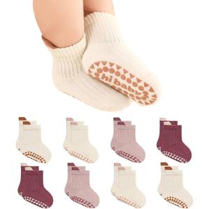 Toddler Non Slip Socks with Grips, 8 Pairs Cotton Ankle Socks for Baby Boys Girls Infants Kids 0-5 Years Old
