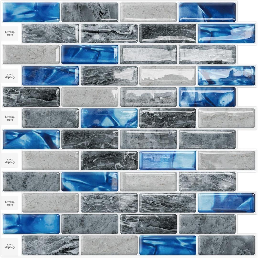 DEWOO Kitchen Backsplash Self Adhesive Wall 3D Marble Tiles Peel and Stick Bathroom, Blue (10-Sheet, 12"12")