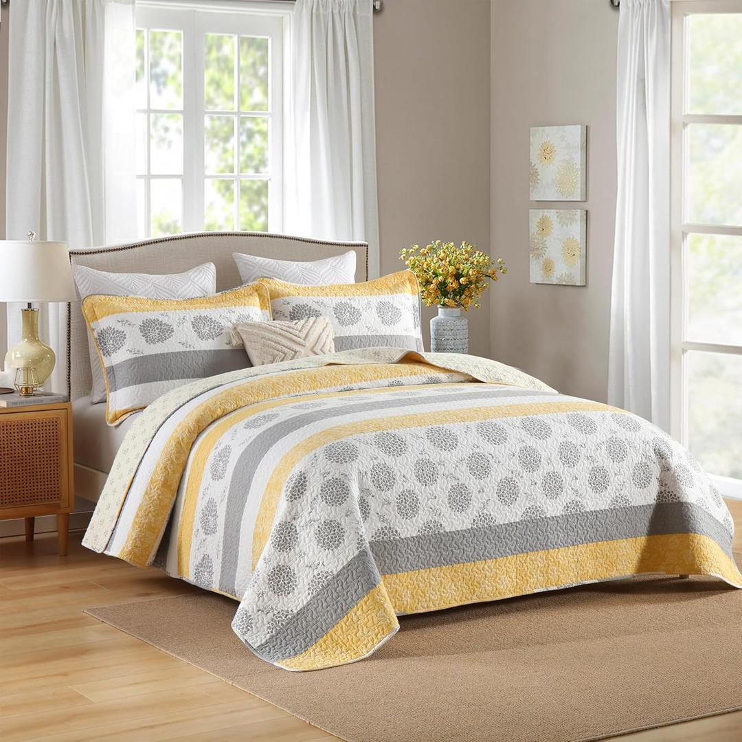 Homzard King Size Comforter Set,Floral King Size Quilt Set,Yellow Gray White All Cotton Quilted Bedspread,Striped Flower Pattern Bedding Set,Lightweight Paisley 3 Piece,All Seasons