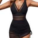 BMJL Women's Tummy Control Swimsuits Mesh Sexy One Piece Bathing Suits Slimming V Neck Swimwear (Large)