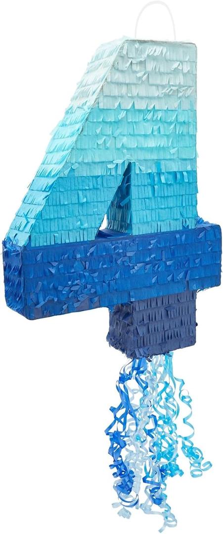 BLUE PANDA Pull String Pinata - Corrugated & Number 4 Pinata - Ombre Blue Tissue & 4 Year Old Birthday Decor - Easy Fill & 4 Year Old Boy Fun - Number 4, Ombre Blue - 16.5 x 12 x 3 in
