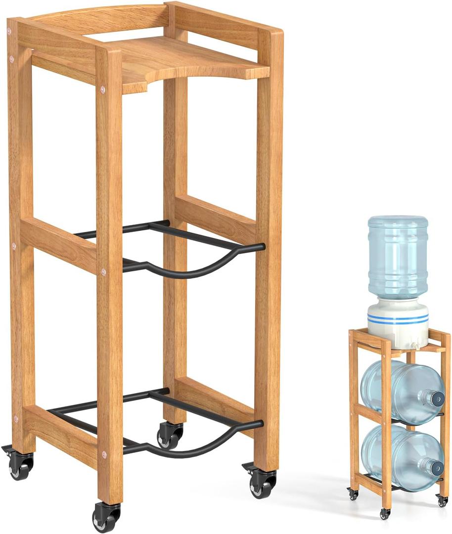 3-Tier 5 Gallon Water Jug Holder with Top Shelf, 4 Metal Wheels or Adjustable Feet, Natural Hardwood Water Dispenser Floor Stand, Wooden Organizer for Kitchen, Office, Garage Space-Saving Design