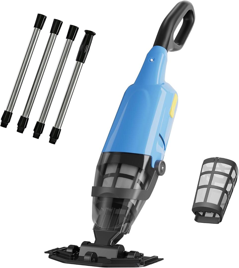 Handheld Pool Vacuum for Above Ground Pool, 18 GPM Powerful Suction | 60 min Runtime, 120m Fine Filter, 4-Section Pole, Cordless Rechargeable Pool Cleaner for Leaves, Sand and Debris, Ocean Blue