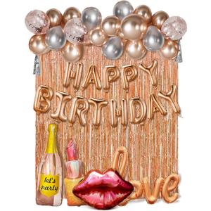 Rose Gold Birthday Decorations Set for Women,Happy Birthday Letter Balloon Banner,Foil Balloons,Lip Balloon, Fringe Curtain Backdrop for Happy Birthday Party Supplies
