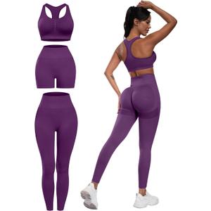 3 Piece Workout Sets for Women Butt Lifting Leggings with High Impact Sports Bra Gym Shorts (Purple, XXL)