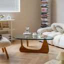 EASYSOUL Modern Glass Coffee Table, 32.68" D x 22.44" W x 15.75" H, Abstract Round Tea Tables for Living Room Home Office Industrial Cocktail Tables (Walnut-Clear Glass, 32.68")