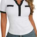 Remidoo Women's Color Block Ribbed Knit Top Notch V Neck Short Sleeve T Shirt (White, L)