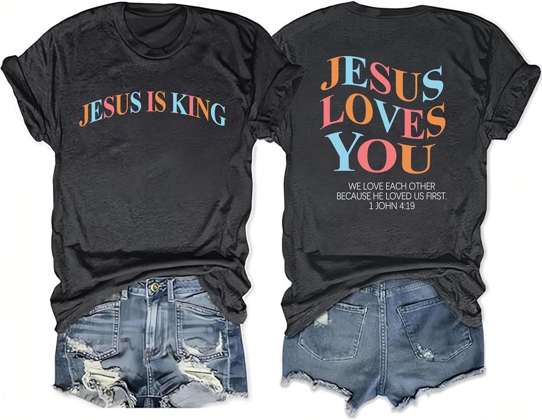Christian Shirts for Women Jesus Loves You Faith Shirt Religious Graphic Tees Bible Verse Inspirational Tee (XX-Large, Dark Gray)