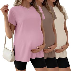 Ficerd 3 Pack Women's Maternity T Shirts, Short Sleeve Side Split Pregnancy Tops Casual Crew Neck Pregnant Tees Mama Clothes (Light Pink, Coffee, Cream, Medium)