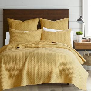 Levtex Home Cross Stitch Reversible King/Cal King Quilt Set (106x92in) with 2 Pillow Shams (36x20in) - Stitch Texture - Ochre - Cotton King Size Quilt Bedding Set - Lightweight, Soft, Pre-Washed