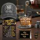 50th Birthday Gifts for Men Him, 50 Year Old Gifts Ideas for Dad Husband Man, Vintage Whiskey Glass Set with Glass Acrylic Standee Novelty Socks Coaster Stones Birthday Cards Keychain