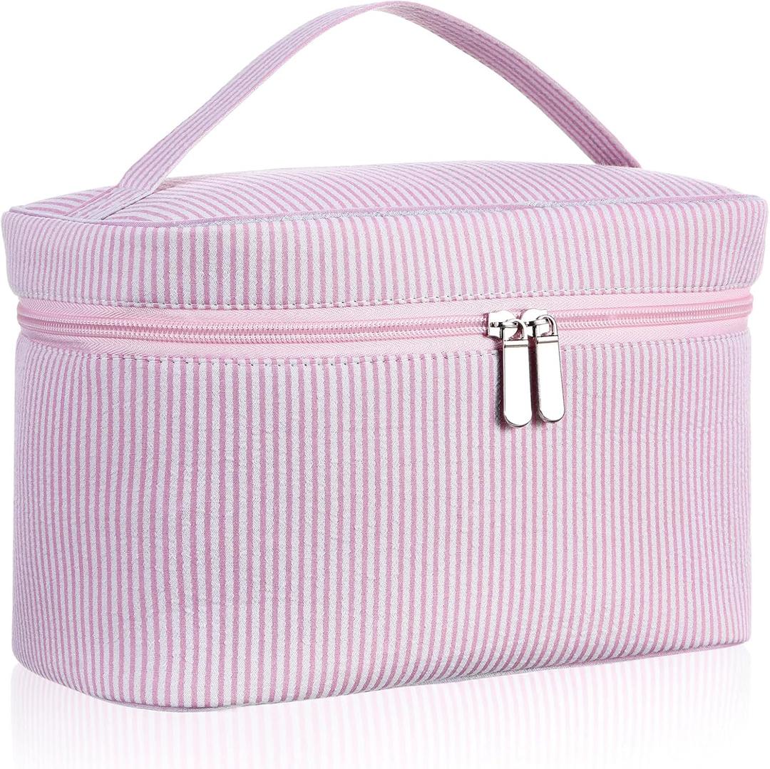 Huhumy Large Makeup Bag for Women Toiletry Bag, Aesthetic Cute Seersucker Cosmetic Pouch, Teen Gift for Her Mom Girlfriend Wife Teacher Aesthetic Skincare Brushes Storage Organizer(Pink)