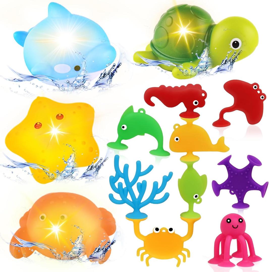 Baby Bath Toys for Kids Ages 1-3, No Hole Light Up Bath Toys for Babies 6-12 Months, Sensory Suction Cup Bath Toys for Toddlers 2-4, Ocean Animal Bathtub Pool Toys Gifts for 1 2 3 Year Old Boy Girl