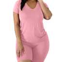 Women's Causal 2 Piece Outfits Workout V Neck Tops Shirt Sexy Legging Biker Shorts Set Size M