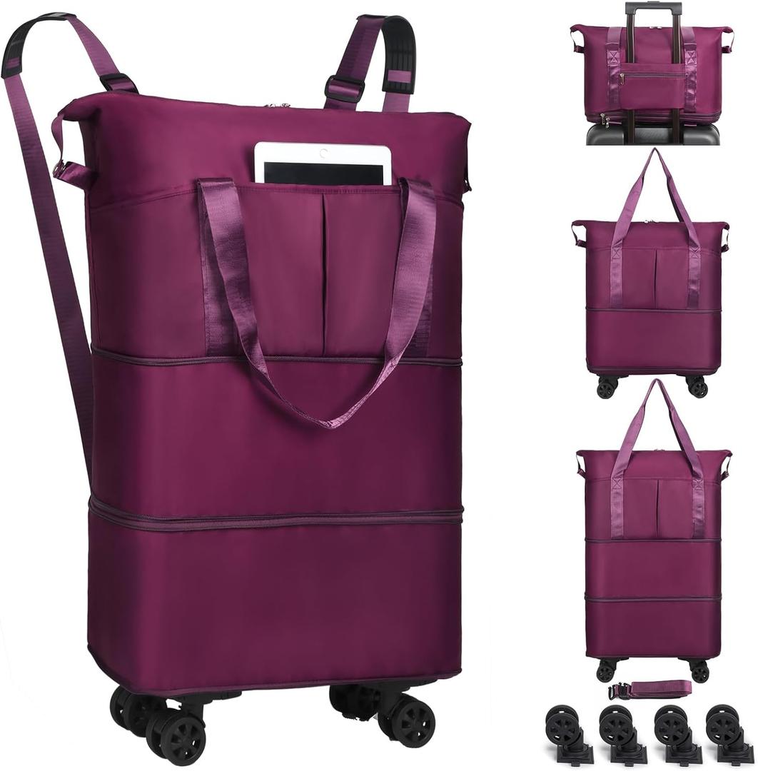 VOOWO Duffel Bag with Wheels - Rolling Foldable Expandable Duffle Bag with Wheel for Travel, Rolling Luggage Bag Carry On Travel Bag with Wheels, Large Wheeled Overnight Weekender Bags (Deep Purple)