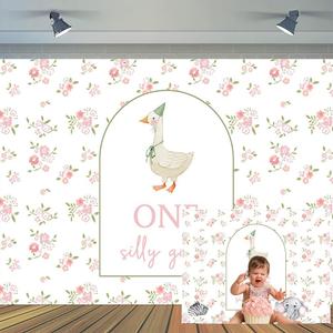 10 x 8 ft One Silly Goose Backdrop 1st Birthday for Kids Party Decoration Farm Animal Our Little Goose is Turning One Theme Baby Shower Birthday Party Photo Booth Props Background Wall Decor (Pink)