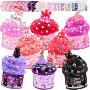 Red Black Slime Kit 8 Packs, Kids Slime Toys, Cloud, Butter Clear Slime with Cute Bunny Cat Charms, Goodie Bag Stuffers for Birthday Christmas Easter Gift