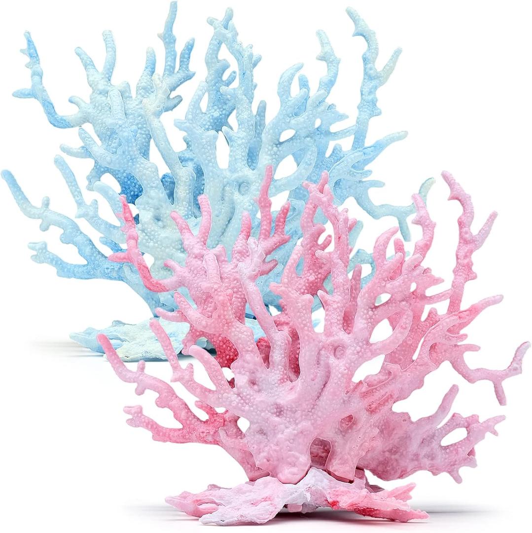 2 PCS Aquarium Coral Ornament, Blue Pink Coral Reef Decor, Artificial Plants Fish Tank Decorations, 6.89 x 5.51 inch