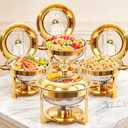Chafing Dishes for Buffet, 4 Pack 4.5QT Round Chafing Dishes, Gold Stainless Steel Chafing Dish Buffet Set with Glass Lid and Lid Holder for Home Parties, Wedding,Catering Events