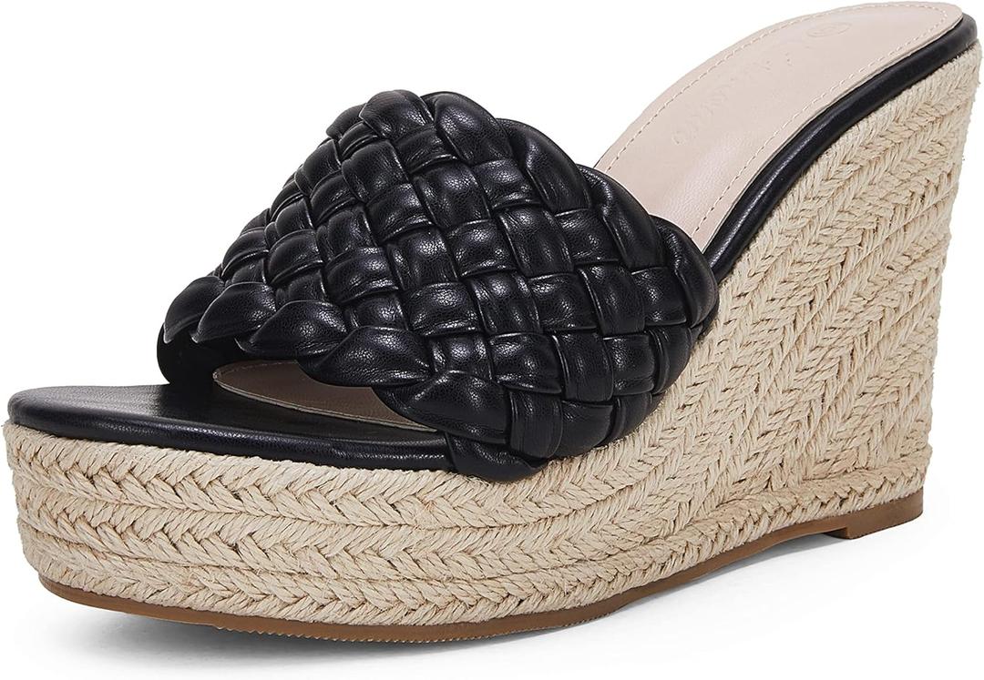 Ermonn Womens Platform Wedge Sandals Espadrilles Braided Open Toe Slip On Summer Mule High Heels (8, Black)