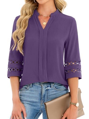Funlingo 3/4 Length Sleeve Womens Tops Summer Dressy Casual V Neck Tunic Blouses Business Work Pleated Shirts Fashion Clothes Purple XL
