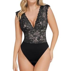 Popilush Lace Body Suits Women - Tank Top Thong Shapewear Tummy Control Going Out Tops Deep V Neck BodySuit,XXL