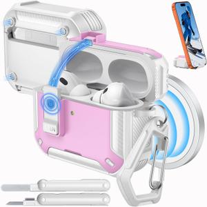 MoKo for AirPods Pro 3 Case with Lock 2025 - Compatible with MagSafe, Phone Stand & Auto Pop-up for AirPods Pro 3rd Generation Case, Military-Grade Protective Cover with Cleaner Kit, White + Pink