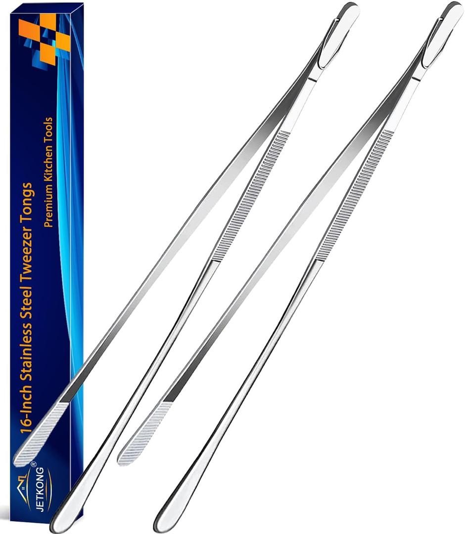 JETKONG 2 Pcs 16-Inch Food Tweezers Extra Long Kitchen Tweezer Tong Chopsticks Tongs Large Stainless Steel Cooking Tweezers (Round-Tips)