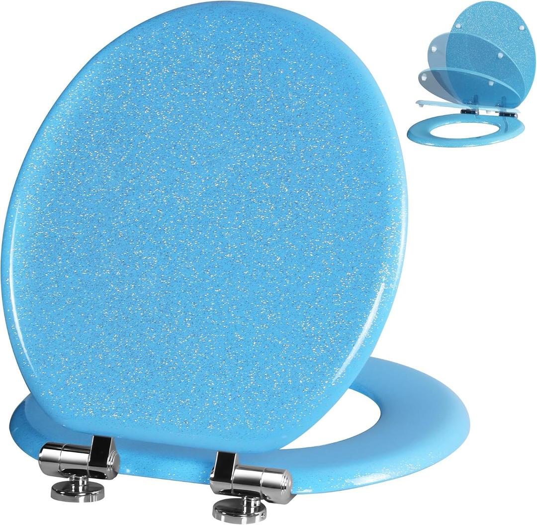 Angol Shiold Glitter Toilet Seat Molded Wood Round Toilet Seat with Quietly Close and Quick Release Hinges, Easy to Clean also Easy to Install (Round 16.5'', Blue)