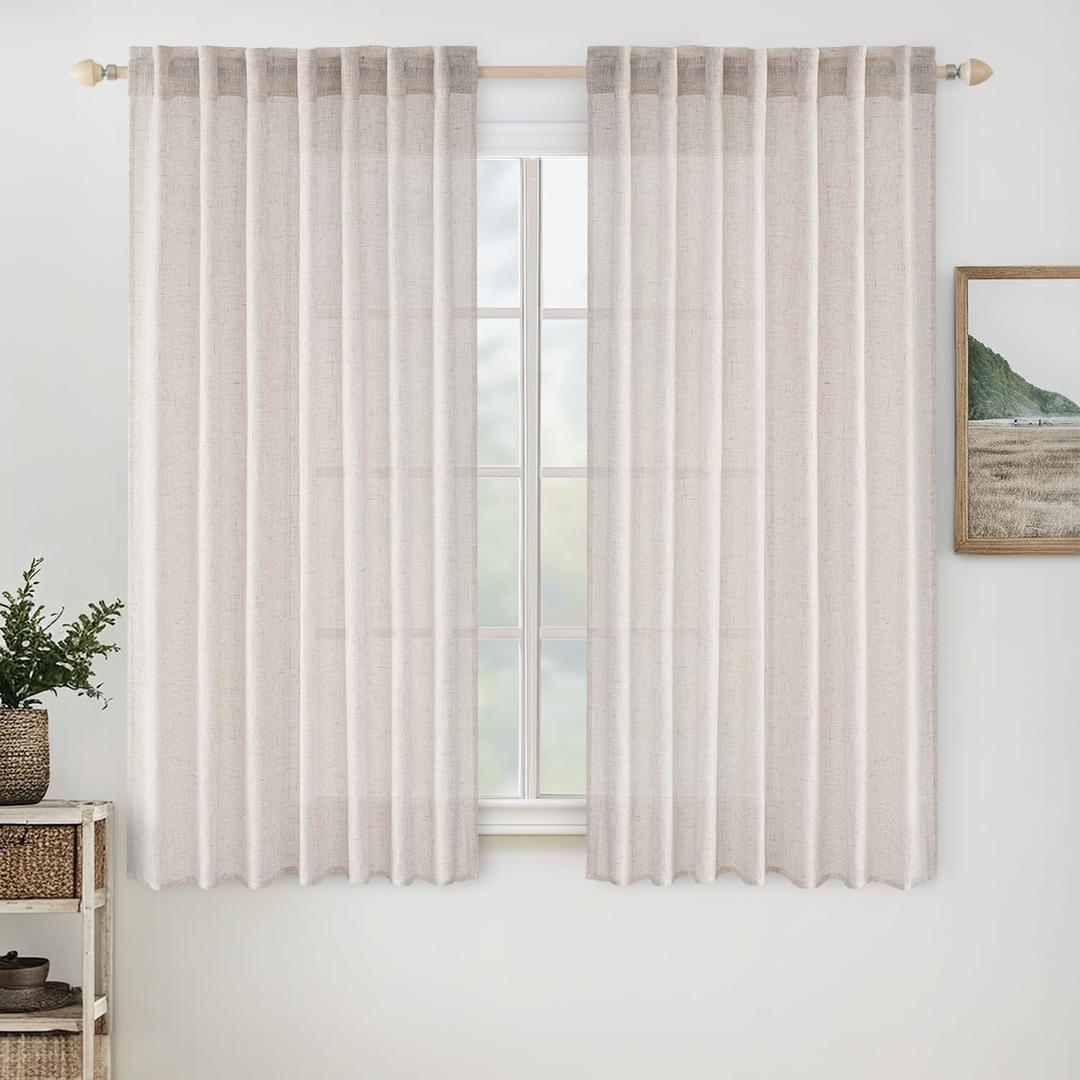 MIULEE White Linen Curtains 45 Inch Length 2 Panels for Kitchen Bedroom Living Room, Soft Thick Linen Textured Natural Short Basement Window Drapes Semi Sheer Light Filtering Back Tab Rod Pocket