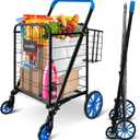 SereneLife Shopping Supermarket Cart with 360 Rolling Swivel Wheels, Collapsible Design, Double Basket Compartment, Heavy Duty Shopping Cart, Utility Cart for Grocery, Laundry, Luggage, Blue