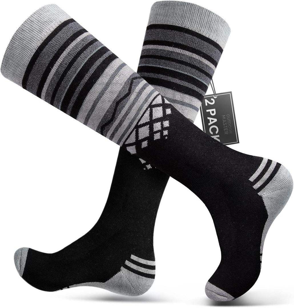 Ski Socks 2-Pack Merino Wool, Over The Calf Non-Slip Cuff for Men & Women (Large, Black)