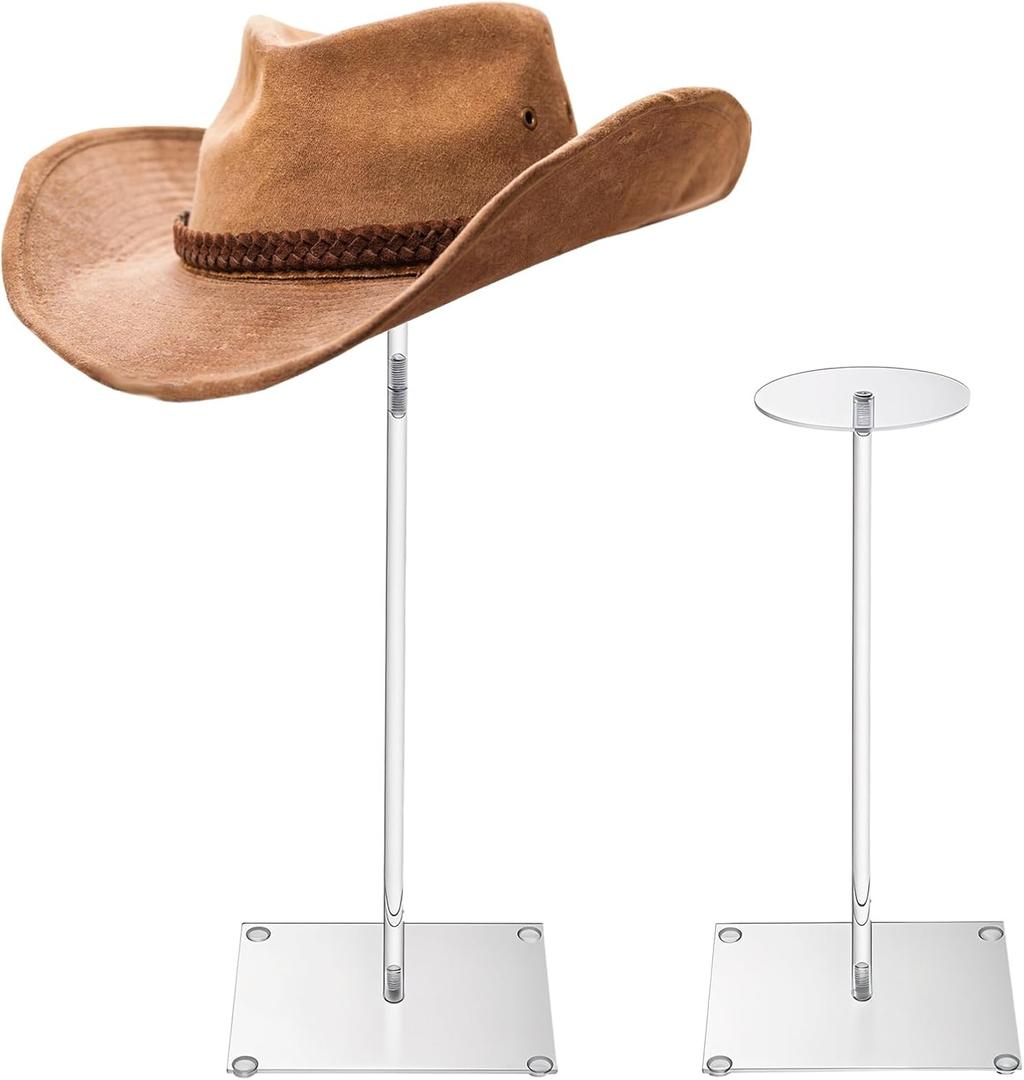 2Pcs Acrylic Hat Stand and Wig Display Rack, 16.9" Clear Hat Rack Stand for Display, Adjustable Height Hat Holder, Square Barbell Base Display for Jewelry Watch Helmets