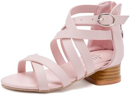 BMCiTYBM Girls Sandals Low Heels Flower Wedding Shoes Dress Pump Ankle Strap Open Toe Toddler Little Big Kids, 7-7.5 Years, Pink