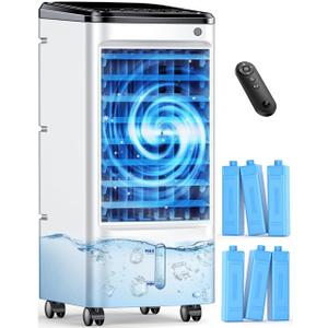 Evaporative Air Cooler, Swamp Cooler Air Conditioner w/ 12H Timer for Auto-off, 6 Upgraded Ice Packs, 3-Speed Windowless Air Conditioner, Smart Remote, Dual Tank Portable Air Cooler for Room