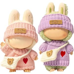 2 x (2 Pack) Clothes for LABUBU 17cm Doll, 6-Piece Handcrafted Crochet Accessories for LABUBU, Premium Outfits for LABUBU Unique Dress up - Heart Sweater + Hat + Bag (Pink & Purple)