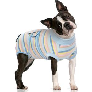 FUAMEY Recovery Suit for Dogs After Surgery, Soft Breathable Dog Bodysuit E-Collar & Cone Alternative Surgical Suit, Male Female Dog Neuter Spay Suits Anti Licking Wounds Onesie Blue Yellow Stripes M (M(Back:13.4-16.1in,WT:14-25lbs))