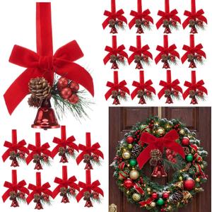 Hollowfly 24 Pcs Hanging Christmas Bells for Wreaths Decoration Jingle Bells with Bow and Pinecone Ornaments for Christmas Tree Home Xmas Door Wreath Gifts Holiday Party Decoration(Red)