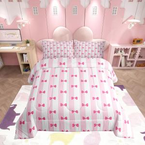 Feelyou Kids Girls Pink Bow Comforter Set,White and Pink Stripe Bow Bedding Set King Size,Cute Bowknot Comforter,Kawaii Soft Bed Set
