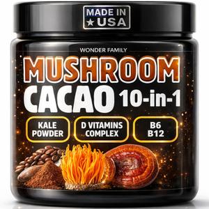 Instant Mushroom Powder 10:1 Cordyceps Mushroom Supplement with Reishi, Chaga & Shiitake Caffeine-Free Nighttime Drink with B6, B12, D + Probiotics Mushroom Cacao Organic Blend (No Sweetener)