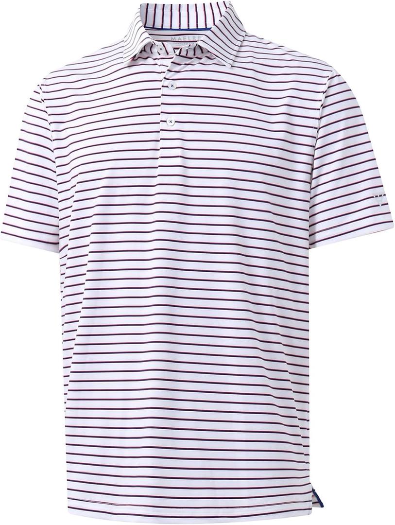M MAELREG Boys' Polo Shirt Striped Short Sleeve Moisture Wicking Performance Stretch Active Casual Collared Kids Golf Shirt (10-12 Years, White/Navy Stripe)