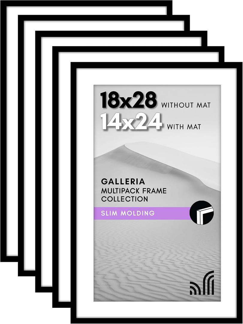 Americanflat 18x28 Picture Frame with Polished Plexiglass - Set of 5 - Use as 14x24 Frame with Mat or Display 18x28 Photo Without Mat - Galleria Collection - Picture Frames for Wall Display - Black