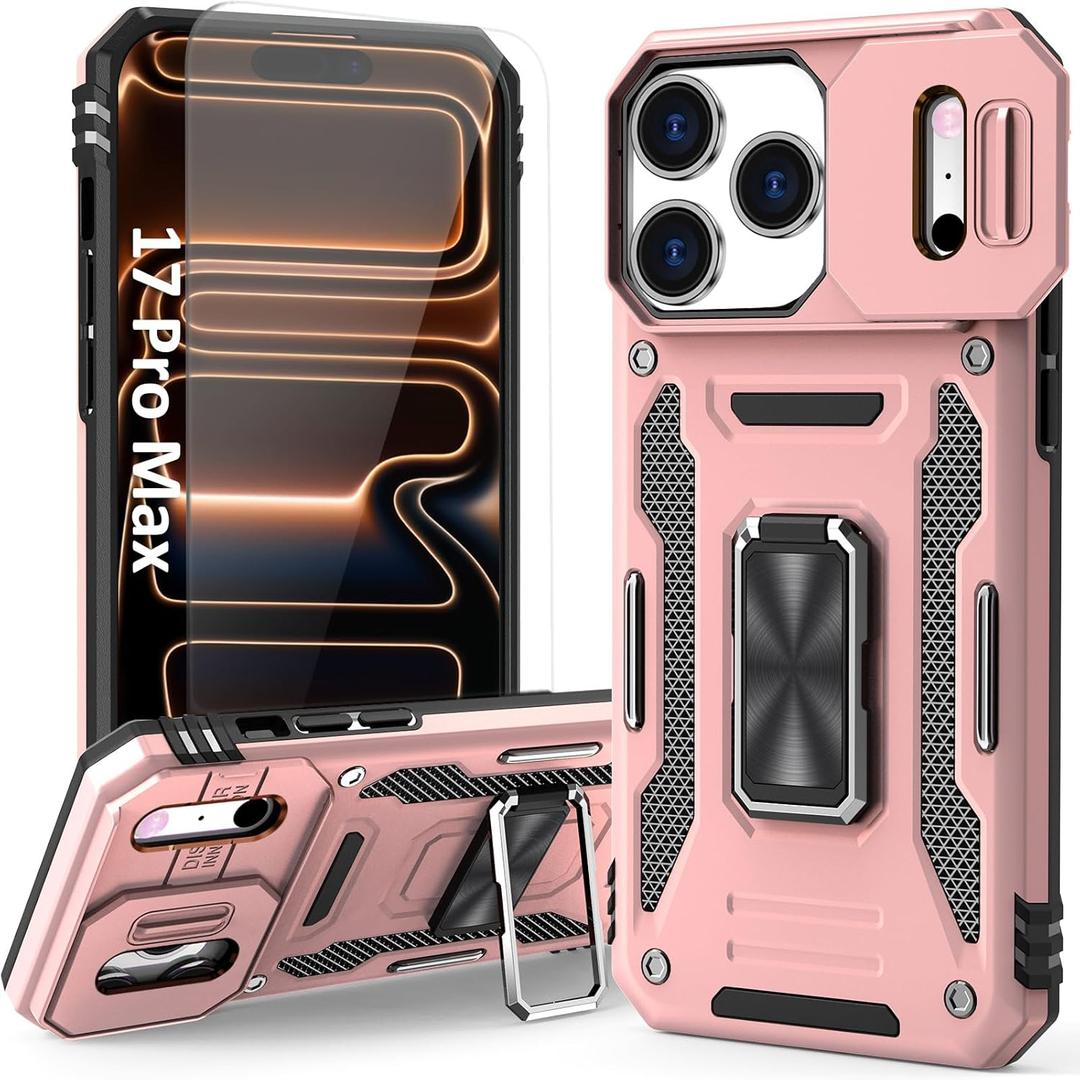 Phone Case Compatible with iPhone 17 Pro Max Case With Slide Camera Lens Cover & HD Screen Protector & Kickstand, Dual-Layer Shockproof Military-Grade Drop Protection, for 17 ProMax (Rose Gold)